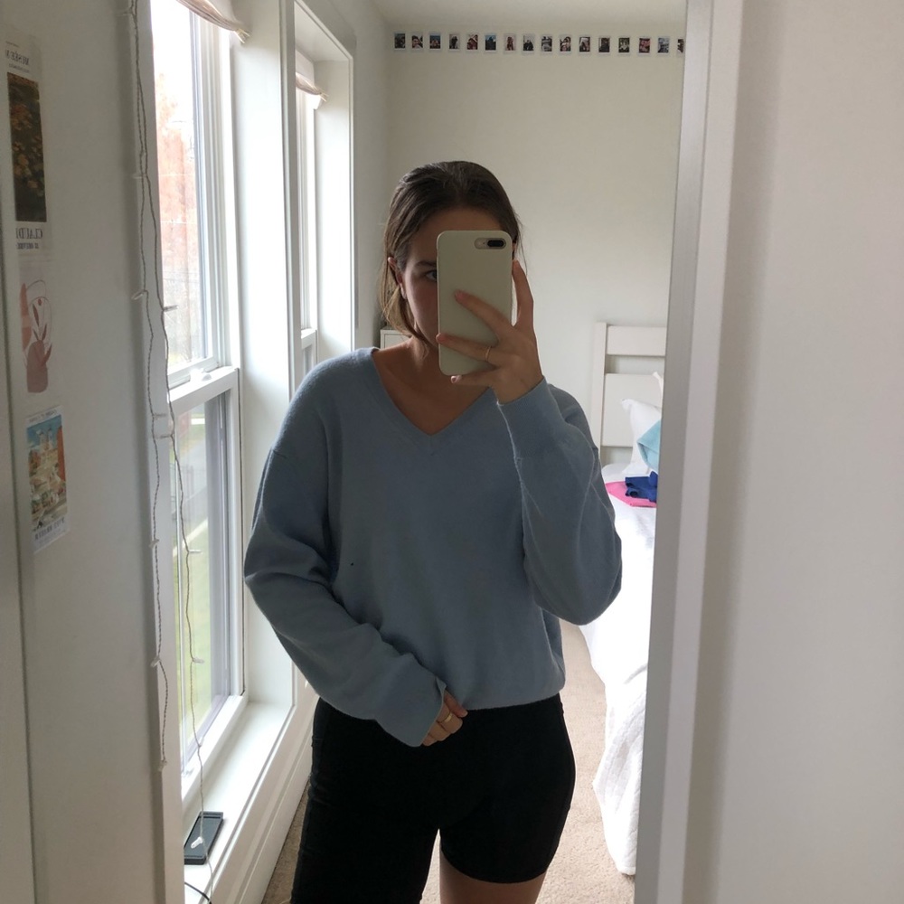 light blue v neck sweater